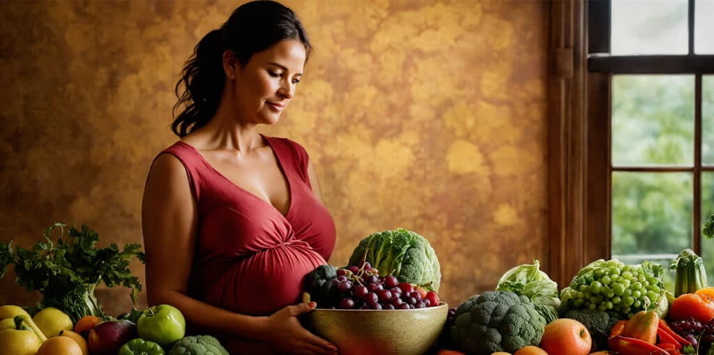 A 45-year-old expecting mother holding a bowl filled with fresh fruits and vegetables, symbolizing healthy eating during pregnancy.
