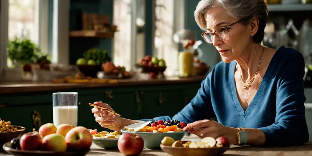 A woman thoughtfully reading healthy and tasty snacking tips for Type 2 Diabetes, with a variety of nutritious snacks arrayed before her.