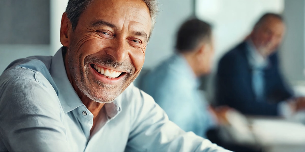 An image of a cheerful businessman in his office, confidently smiling while showcasing his dentures. He is dressed in professional attire, and the setting includes typical office elements such as a desk, computer, and office supplies. The ambiance suggests a positive and comfortable work environment, highlighting the ease and confidence with which one can embrace dentures in a professional setting.