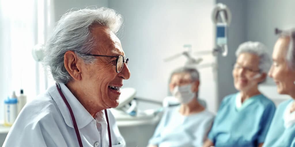 A dentist engaging with a group of attentive seniors, demonstrating oral care techniques and sharing valuable dental health tips.