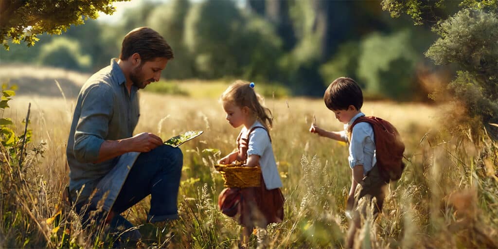 A family joyfully participates in a treasure hunt, exploring a vast field, surrounded by nature's beauty, embodying teamwork and adventure.