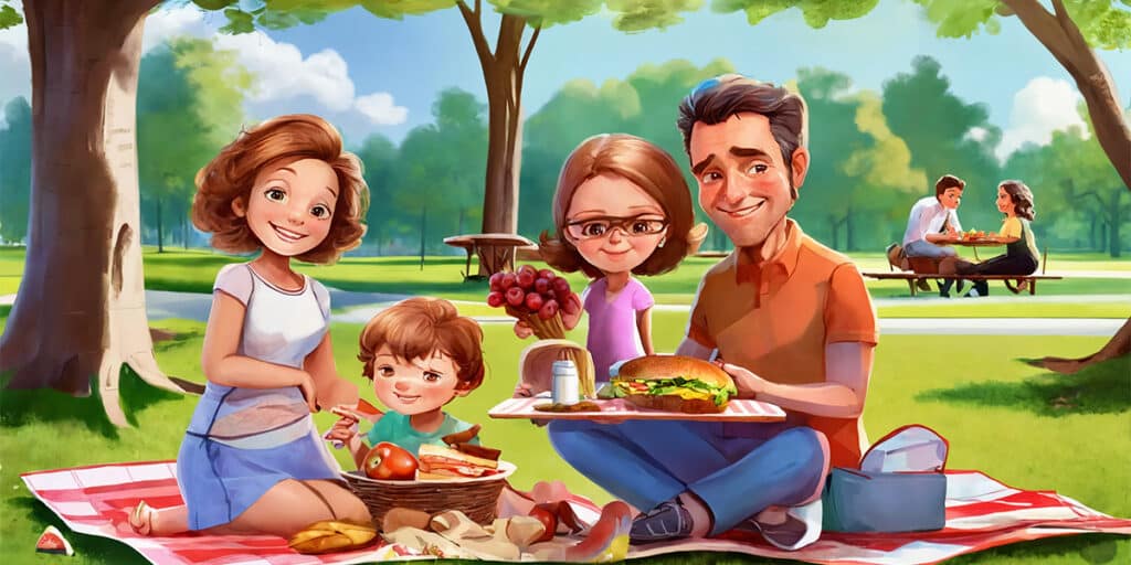A joyful family enjoying a picnic in the park, surrounded by a spread of healthy, diabetes-friendly food options under the sunshine.
