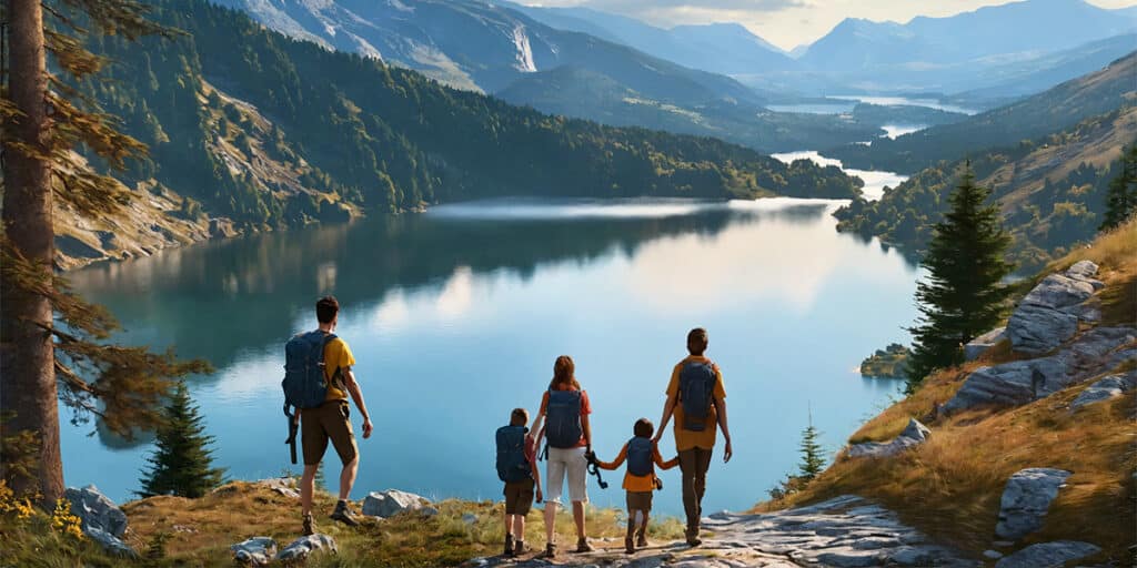 A family enjoying a hike in the mountains, with a serene lake visible in the background, embodying health and unity.