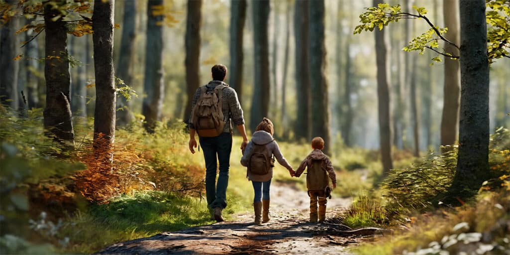 A joyful family walking together on a forest trail, enjoying the tranquility and bonding over an outdoor wellness adventure.