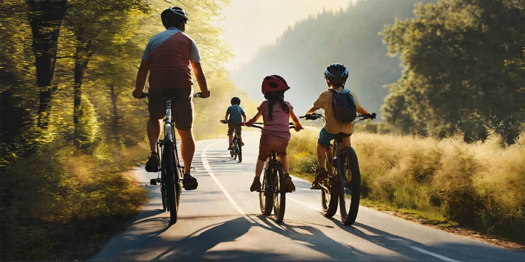 A joyful family biking together along a picturesque route, surrounded by the beauty of nature.