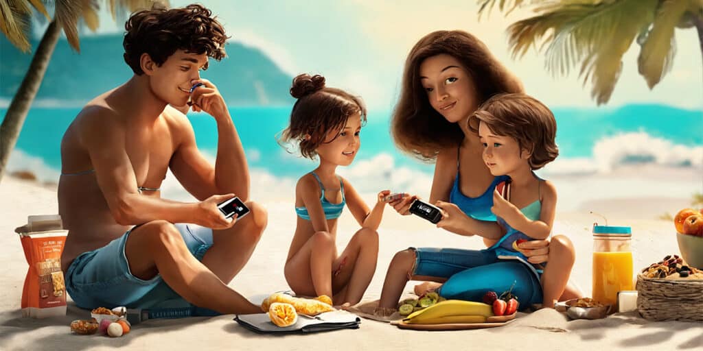 A family having fun at the beach with healthy snacks and a glucometer nearby, illustrating the harmonious blend of enjoyment and diabetes care.