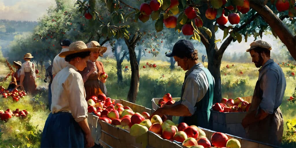 A group of people joyfully picking apples in an orchard, surrounded by lush trees laden with fruit.