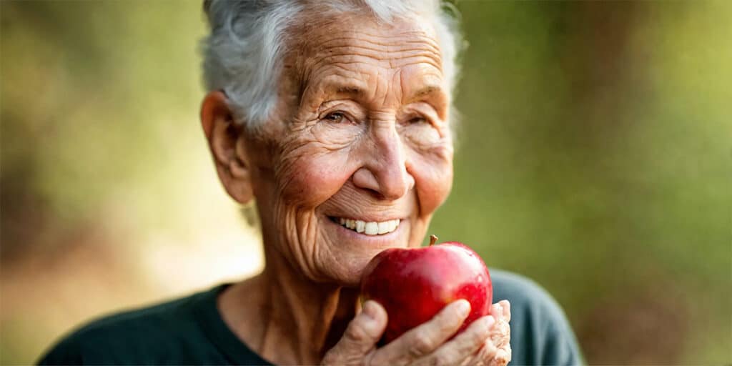 Senior smiling while eating an apple, wearing a t-shirt adorned with a heart symbol, showcasing a lifestyle of heart health and nutritious eating.