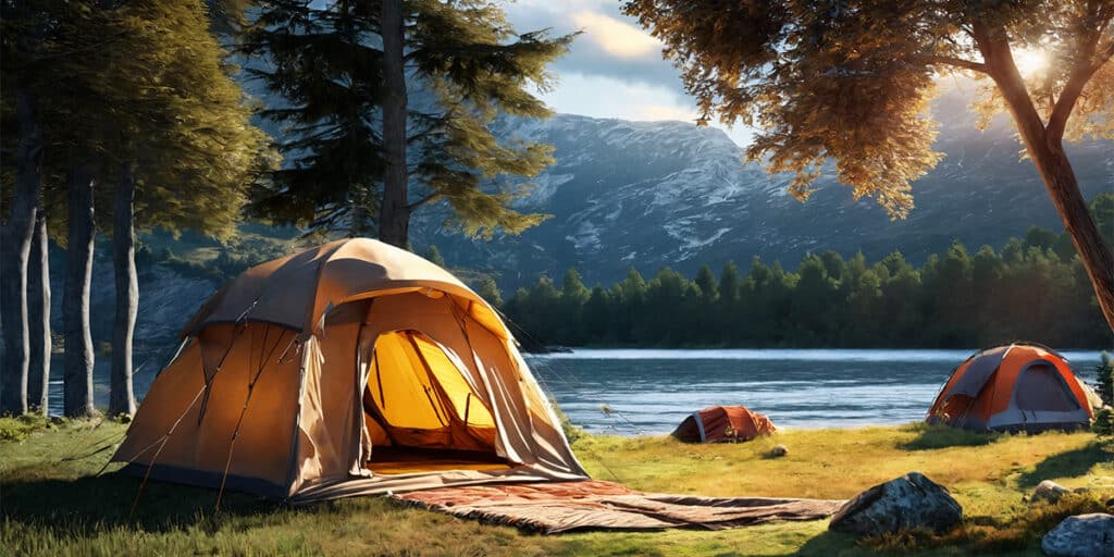 A spacious camping tent pitched on a scenic, well-kept campsite, ready for an outdoor adventure.