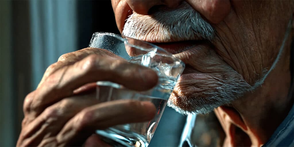 A senior person quenching their thirst and relieving dry mouth symptoms by drinking a glass of water.