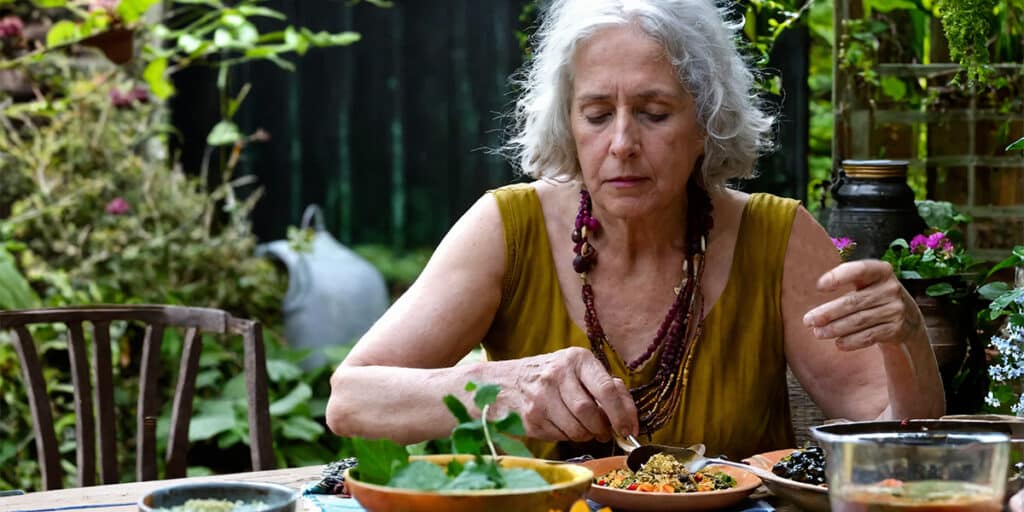 A person enjoying Ayurvedic detox meals at an outdoor table in a serene back garden setting.