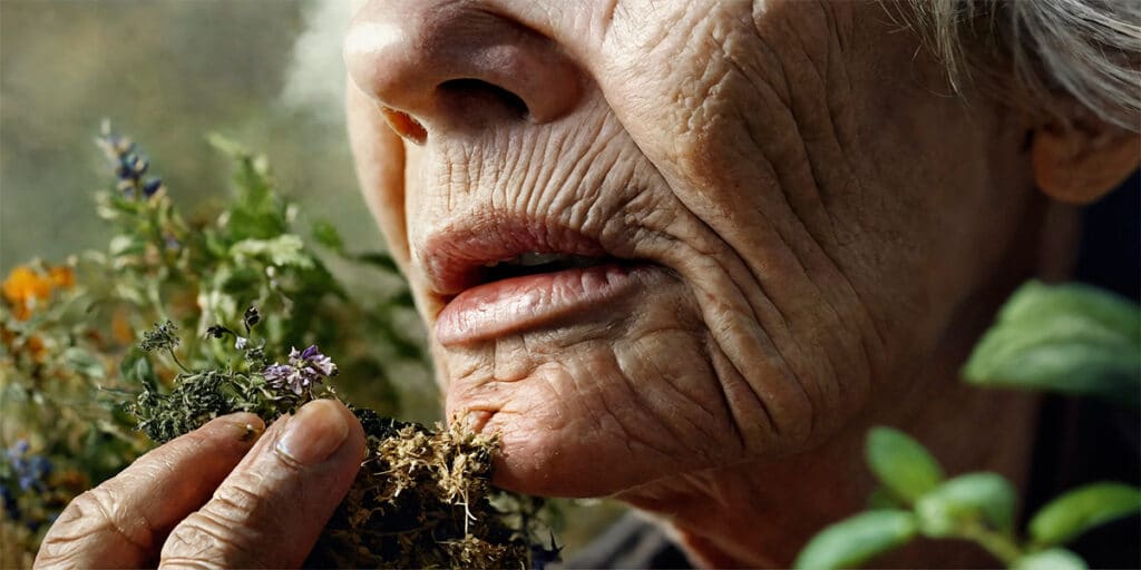 A person experiencing severe dry mouth with herbal remedies like ginger, green tea, and aloe vera in the foreground.