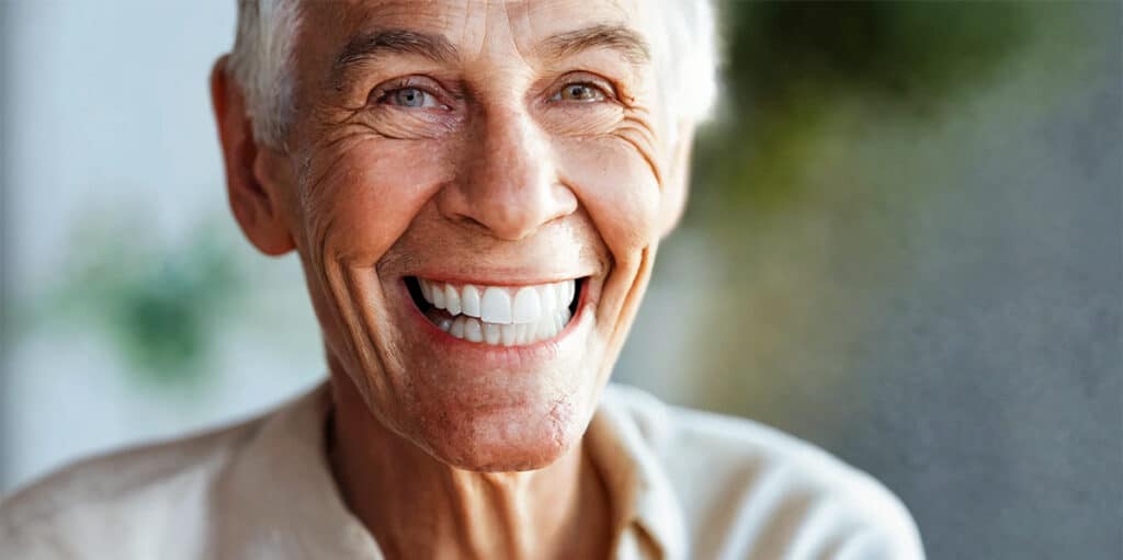 A joyful individual displaying a bright smile while holding a denture, symbolizing satisfaction with denture solutions.