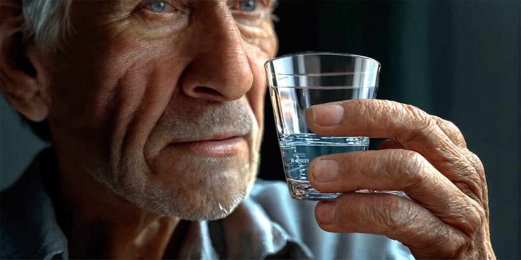 A person with a dry mouth holding a glass of water, showcasing a solution to alleviate their symptoms.