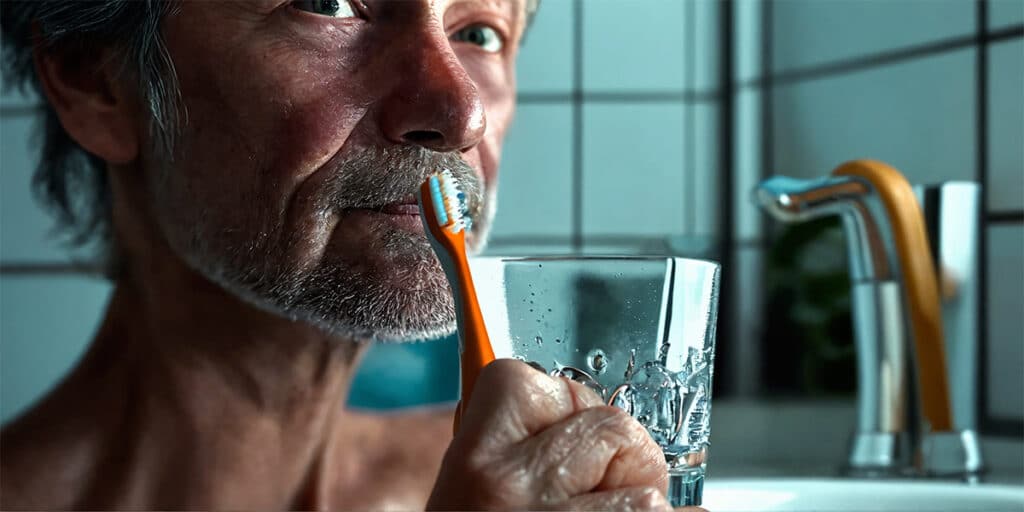 A person in the bathroom holding a toothbrush, with a glass of water, ready for oral hygiene.