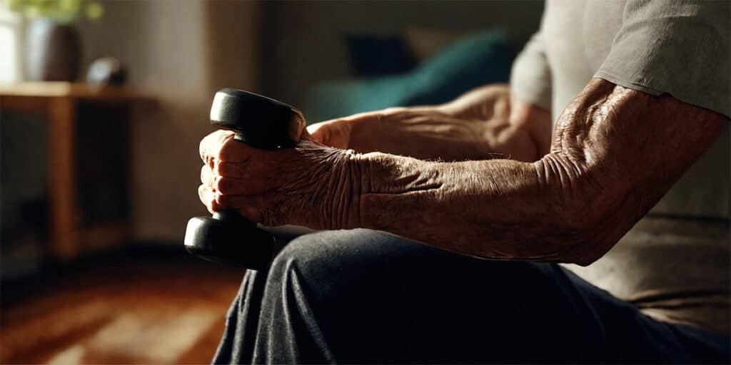 An individual in their living room, focused on enhancing their health by lifting small handweights as part of a diabetes-friendly workout.