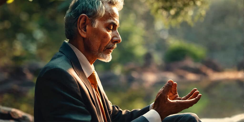 A person engaging in Ayurvedic practices for wellness, dressed in a suit, in a serene setting, symbolizing the integration of traditional healing into modern life.