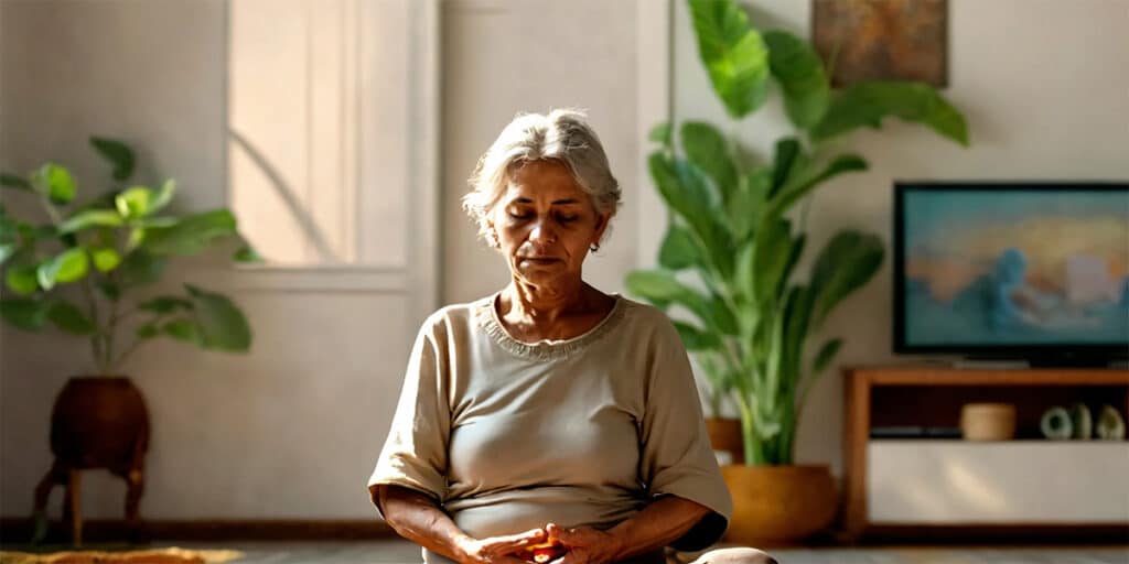 A person practicing Ayurvedic yoga poses for diabetes wellness in their living room, embodying tranquility and balance.