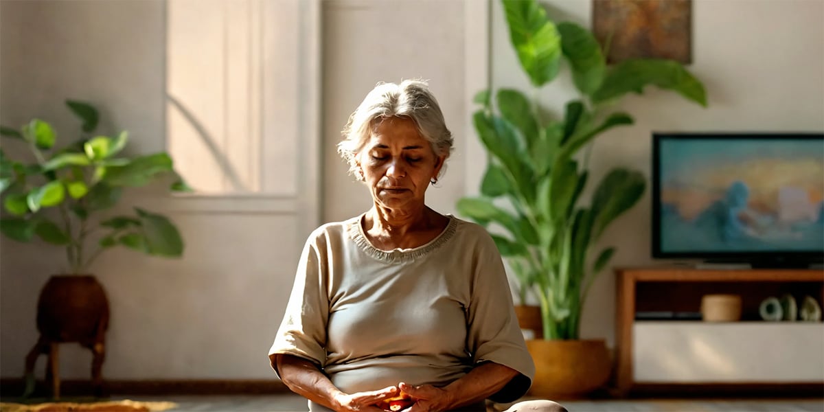 A person practicing Ayurvedic yoga poses for diabetes wellness in their living room, embodying tranquility and balance.