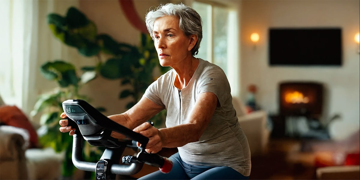 A person engaging in a health-focused workout by riding a low-impact stationary bike in the comfort of their living room.