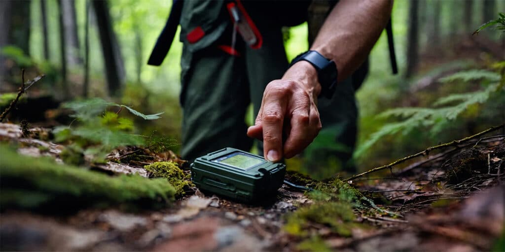 Adventurer using a GPS device to find a geocache hidden among trees in a lush forest, embodying the thrill of geocaching exploration.