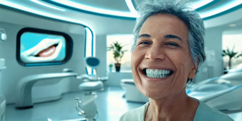 A person smiling broadly to display their dentures, standing in a modern, futuristic dental clinic equipped with advanced technology and sleek design elements.