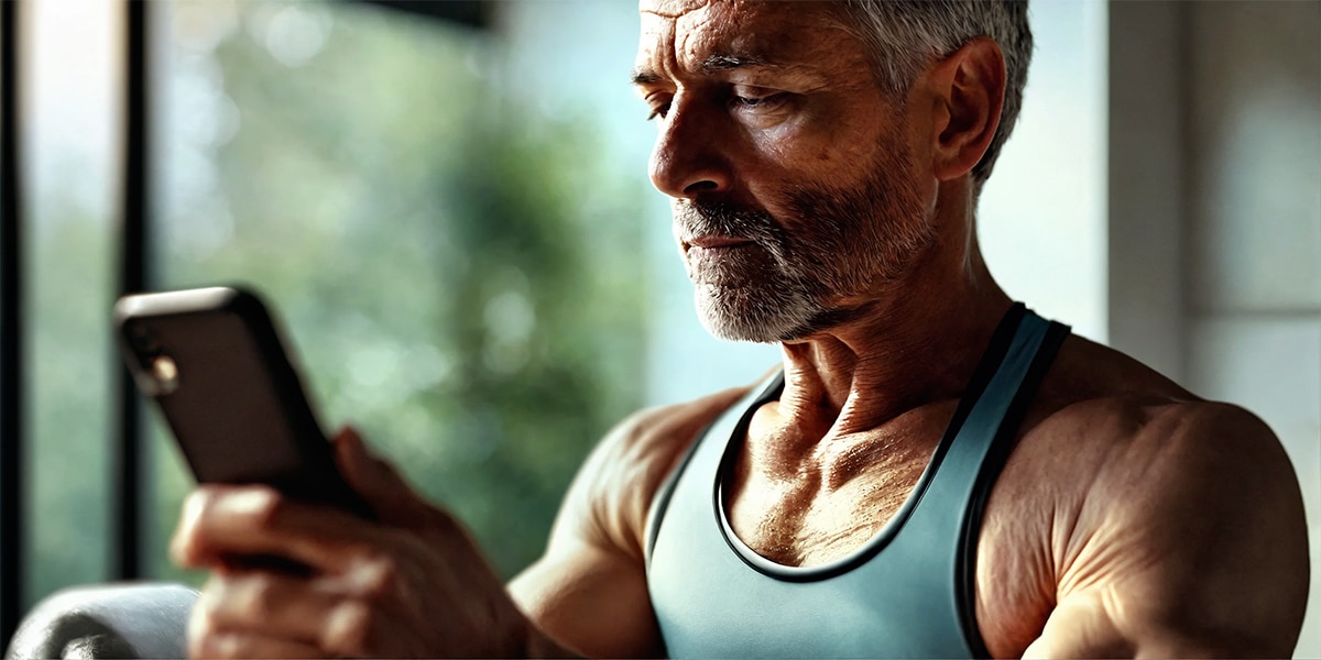 A person engaging in a home workout using a fitness app on their phone for guidance and tracking progress.