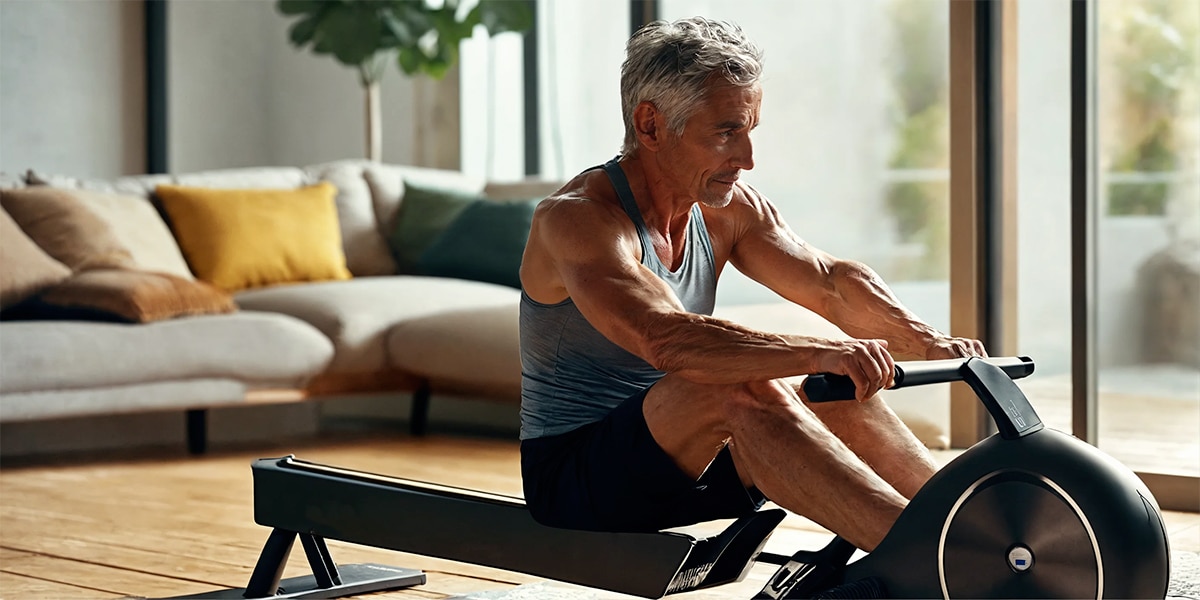 An elderly individual engaging with a smart rowing machine for enhanced fitness and diabetes management.