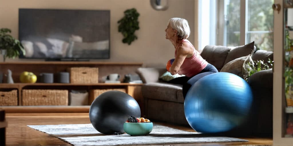 A person engaging in a stability ball workout in the comfort of their living room, focusing on diabetes-friendly fitness.