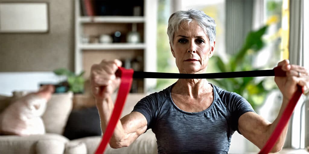 Person exercising with resistance bands in their living room to manage diabetes, demonstrating an at-home workout routine.