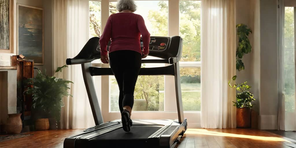 An individual confidently strides on a smart treadmill within the well-equipped confines of their home gym, embarking on a wellness journey.