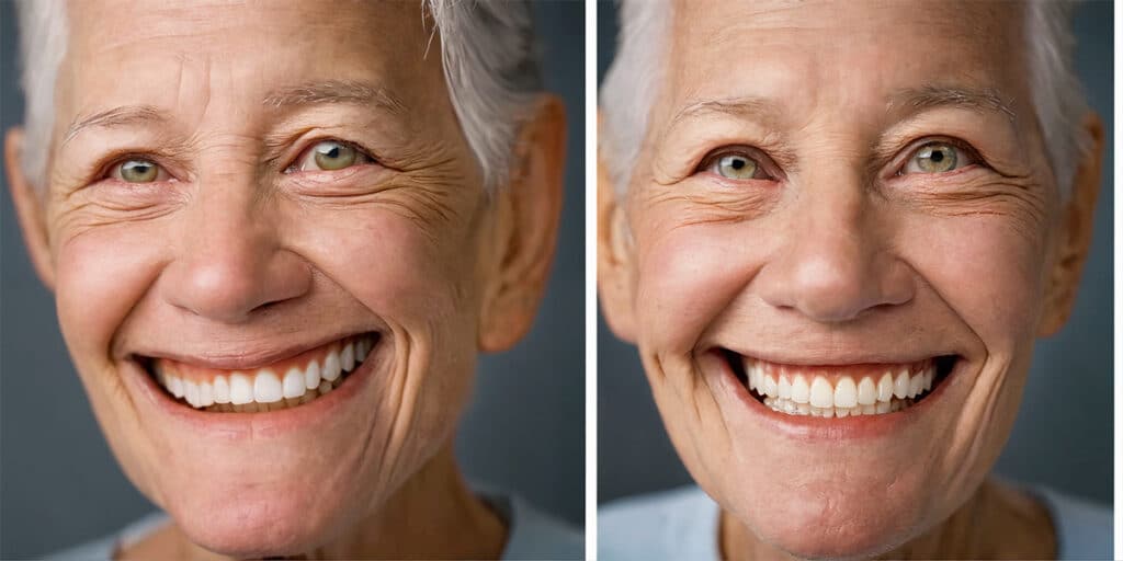 Before and after comparison of a person's smile: initially without and then with a natural-looking custom-fit denture.