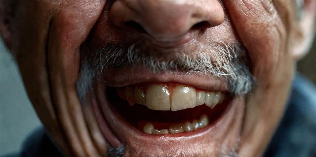 A person grimacing, indicating discomfort in their mouth from denture-related issues.