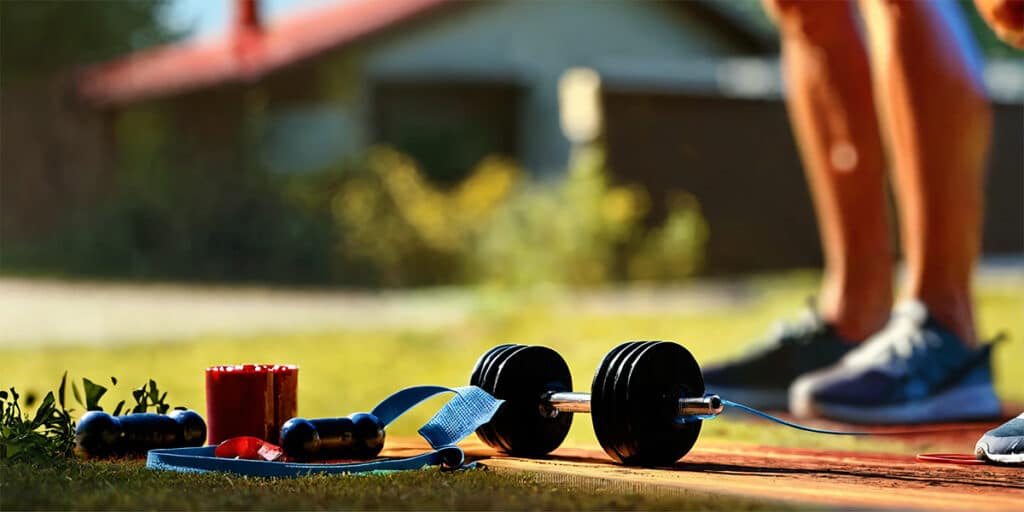A person exercising in their back garden using resistance bands and weights, embracing an outdoor fitness routine.