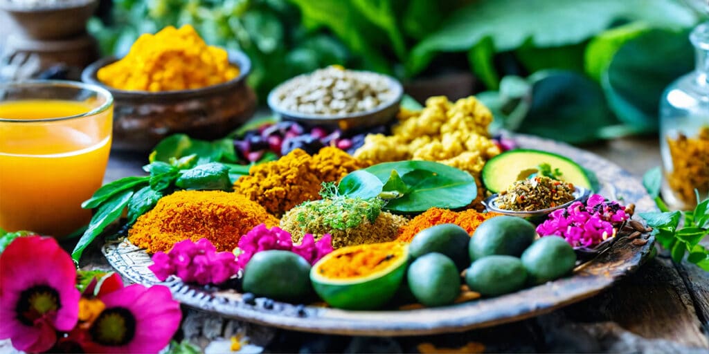 A plate showcasing a vibrant array of Ayurvedic diet foods, perfectly balanced for effective diabetes management.