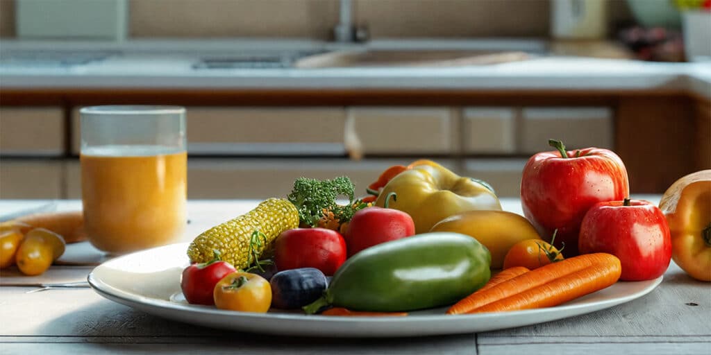 A vibrant plate of fresh fruits and vegetables arranged on a kitchen table, highlighting healthy eating with dentures.