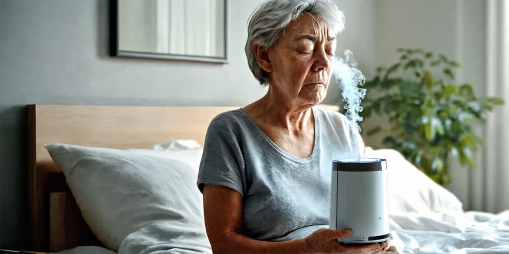 A senior person activating a humidifier in their bedroom to ease dry mouth symptoms, enhancing nighttime comfort.