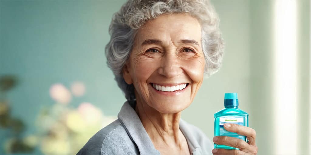 A senior woman smiling brightly while holding a bottle of dry mouth-specific mouthwash, ready to enhance her oral health.