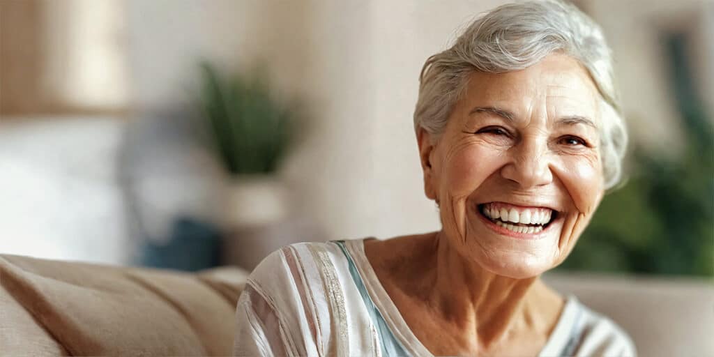 A senior woman smiling broadly in her living room, showcasing her healthy teeth as a testament to effective dry mouth management.