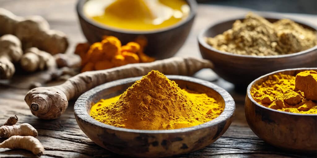 A variety of Ayurvedic superfoods, including turmeric, ginger, and ghee, artfully displayed on a wooden kitchen table, showcasing natural health ingredients.