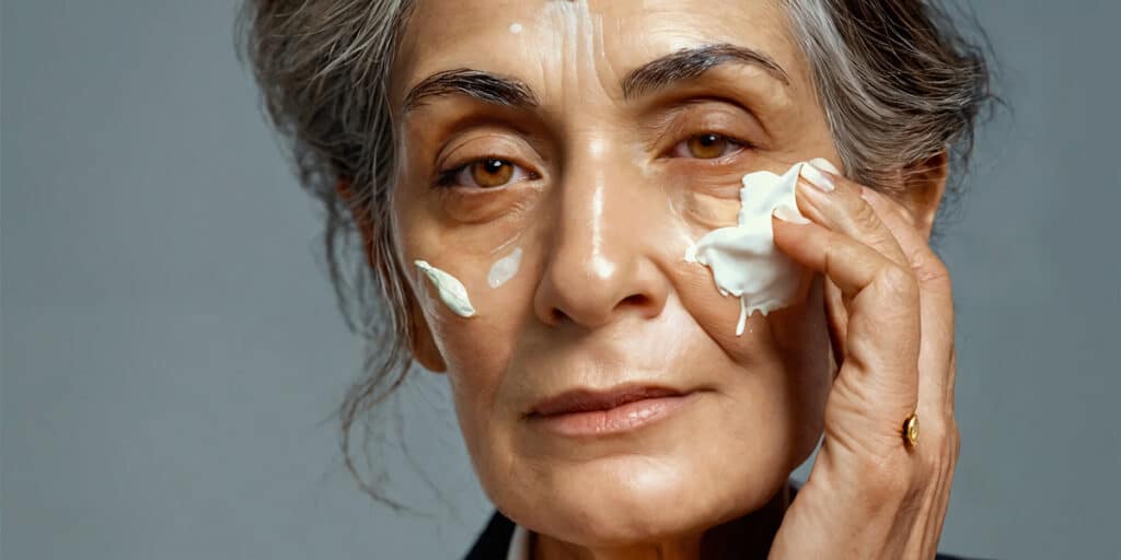 A professional woman in a business suit gently applying Ayurvedic skincare products to her face, embodying natural wellness and self-care.