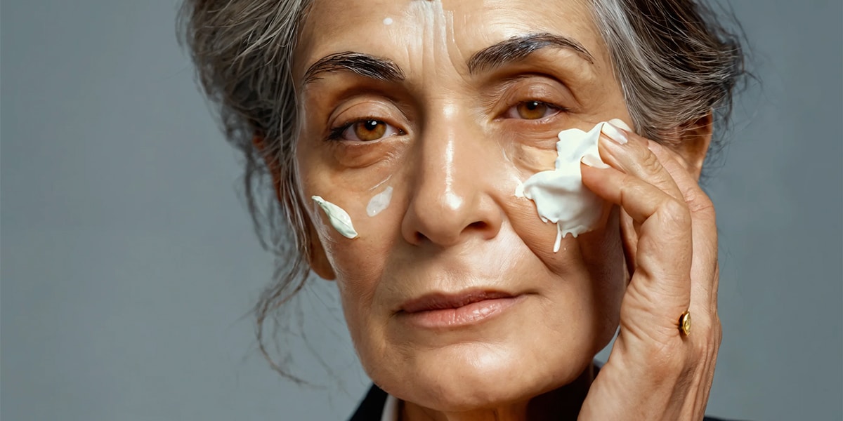 A professional woman in a business suit gently applying Ayurvedic skincare products to her face, embodying natural wellness and self-care.