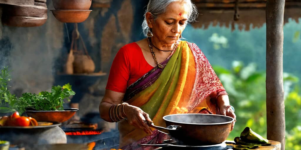 A woman preparing Ayurvedic meals for diabetes management in an outdoor kitchen, surrounded by natural ingredients.