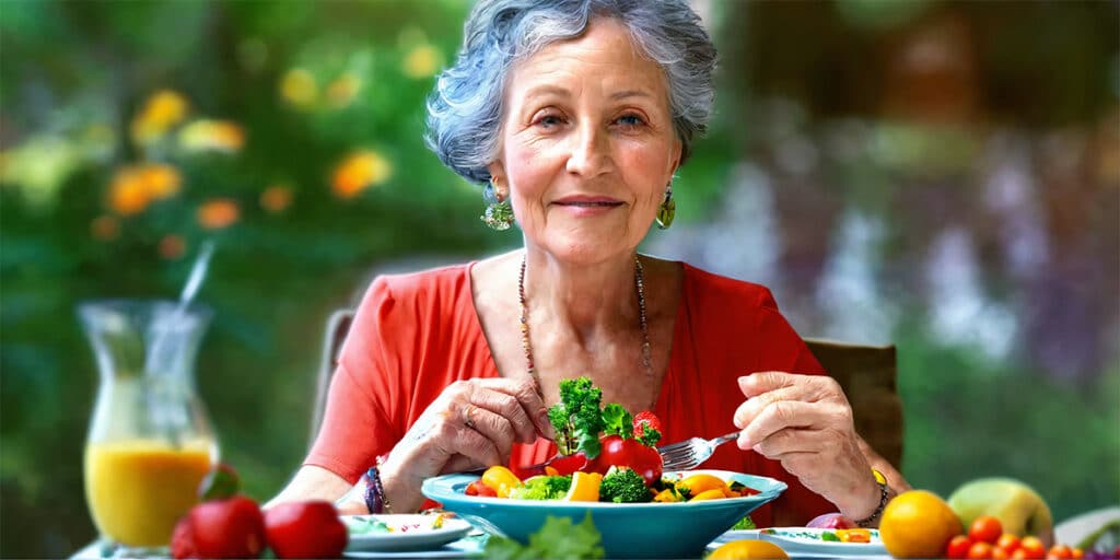 A woman smiling as she enjoys a vibrant, healthy meal filled with fruits and vegetables.