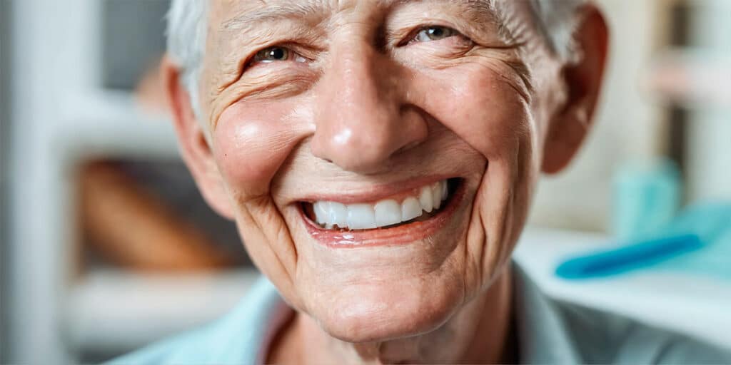 Close-up image of a smiling individual wearing dentures, showcasing a confident and bright smile that highlights the effectiveness and aesthetic appeal of modern denture technology.