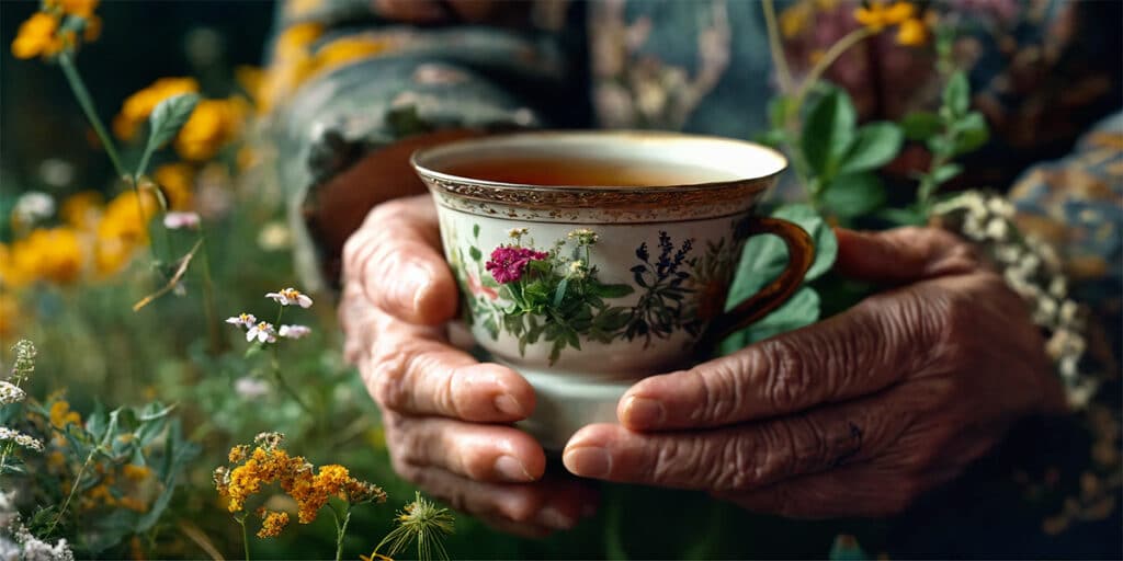A close-up view of a person's hands holding a warm cup of herbal tea, with a serene backdrop of herbs and flowers, symbolizing natural wellness.