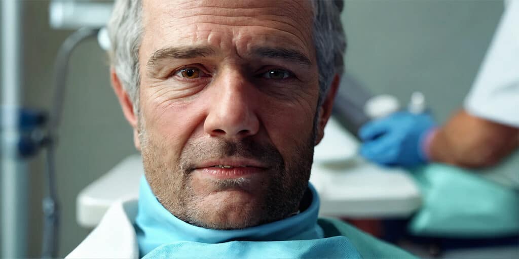 A close-up view of a patient in a dentist's chair, ready for a dental examination.