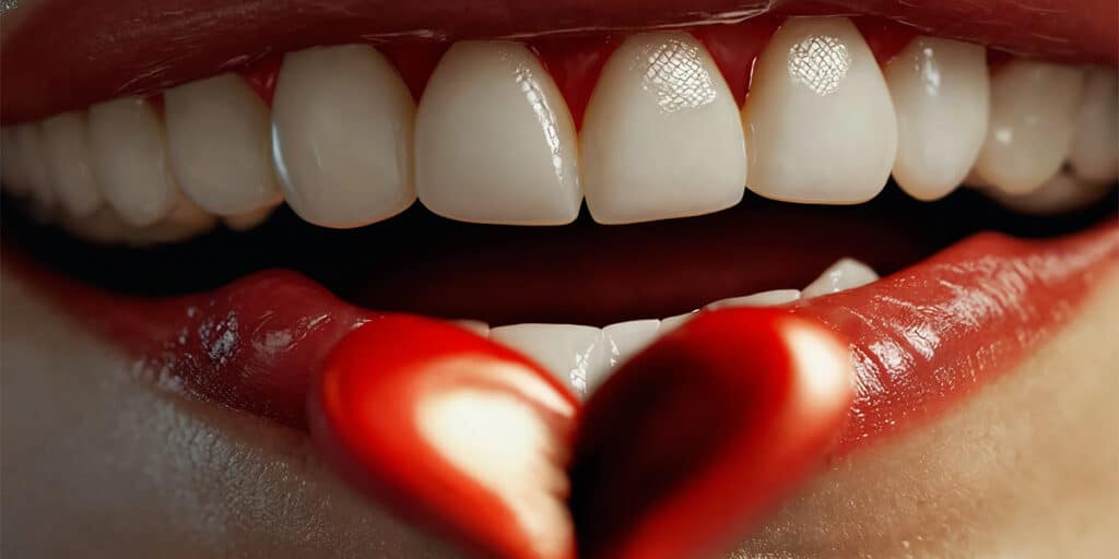 A close-up image showcasing a person's healthy teeth and heart-shaped lips, symbolizing the connection between oral health and the heart.