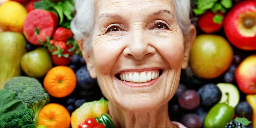 A smiling senior woman showcasing healthy teeth, with a colorful backdrop of fruits and vegetables emphasizing nutritious eating.