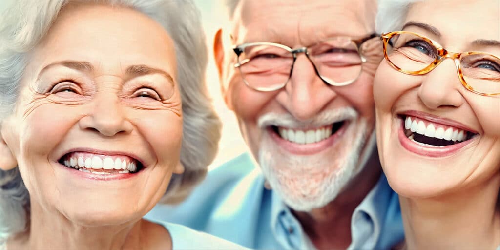 A joyful gathering of seniors showcasing their healthy teeth and radiant smiles, embodying vitality and happiness.